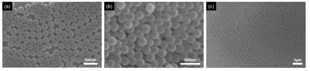 (a)합성 된 200nm Polystyrene 나노입자 SEM 사진, (b)합성 된 230nm polystyrene 나노입자 SEM 사진, (c)230nm polystyrene 입자를 이용한 photonic crystal SEM 사진