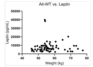 체중과 렙틴 호르몬 관계를 나타낸 산점도(N=65)