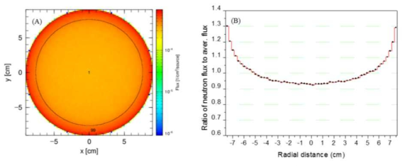 (A) X-Y 평면으로 나타낸 6인치 실린더 SiC 모델에 조사되는 중성자 분포, (B) 반경 방향 위치 중성자속의 상대 비율