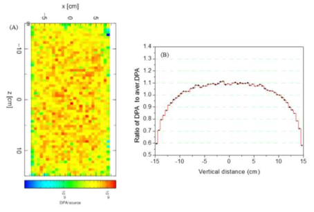(A) X-Z 평면으로 나타낸 중성자 조사에 의해 SiC 잉곳 내부에 생성되는 DPA/neutron의 분포, (B) 수직 방향 위치 DPA의 상대 비율