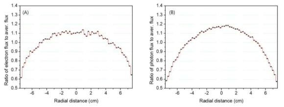 (A) 반경 방향의 거리에 따른 각 반경 방향 위치 전자 선속의 상대 비율, (B) 반경 방향 위치 감마선 선속의 상대 비율