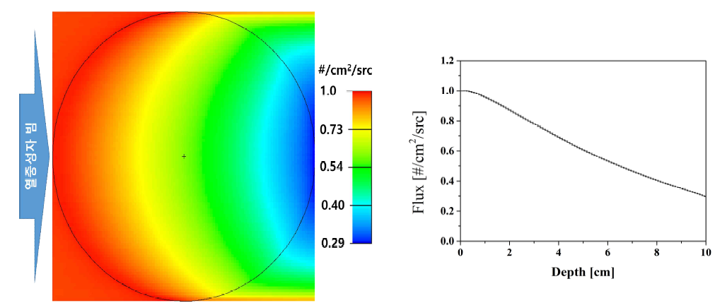 한 방향에서 열중성자를 조사하였을 때 SiC 잉곳 내부의 상대적인 2차원 분포(좌측 상단)와 빔 방향 분포(우측 상단) 및 중심에서의 반경 방향 분포(하단)