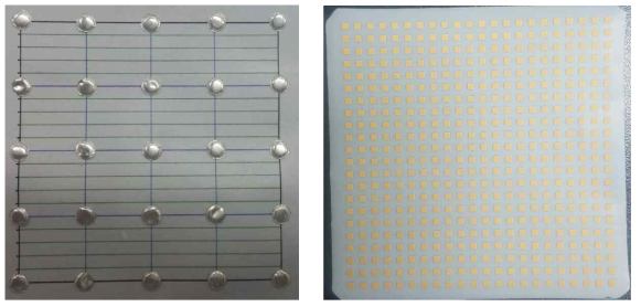 activation foil array (left: cutted foils, right: printed foils)