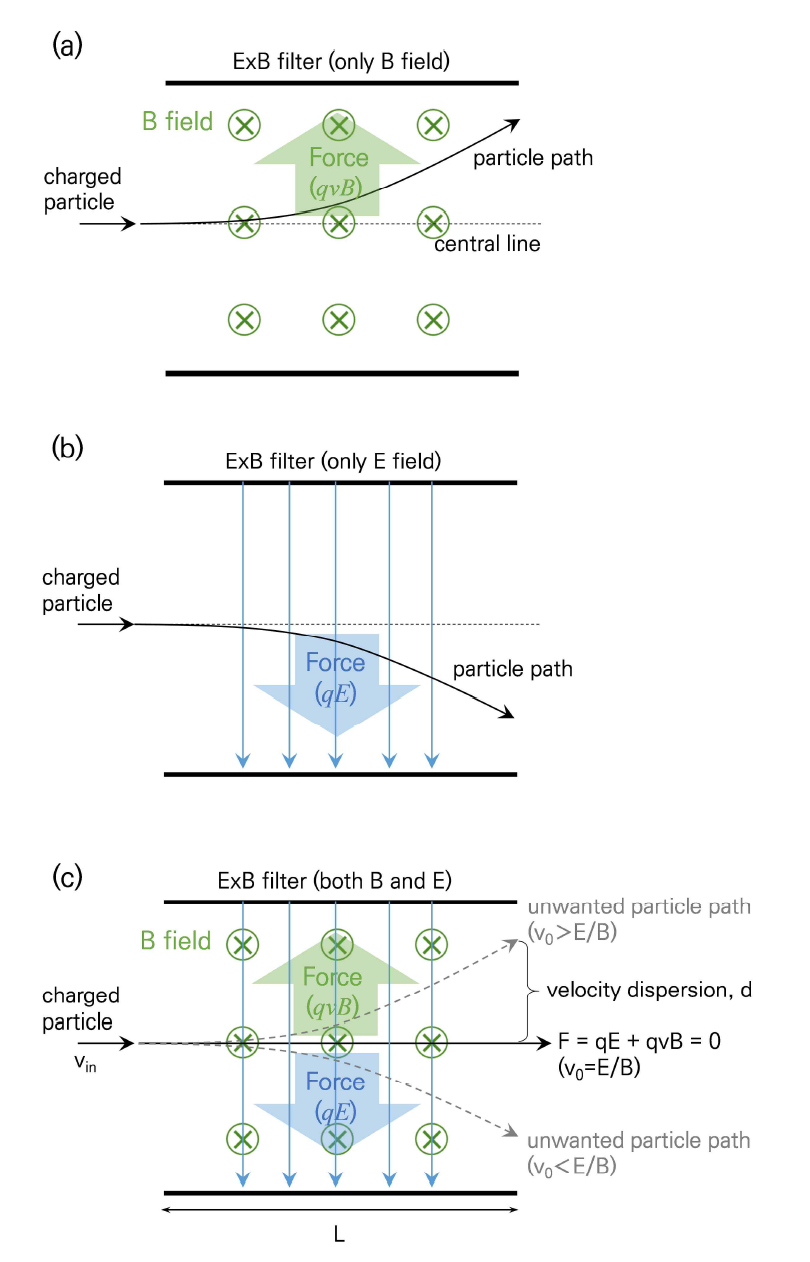 E×B filter의 원리. (a) 자기장(B field)만 존재할때의 입자 경로, (b) 전기장(E field)만 존재할 때 입자 경로, (c) 자기장과 전기장이 교차할 때 (E×B)의 입자 경로