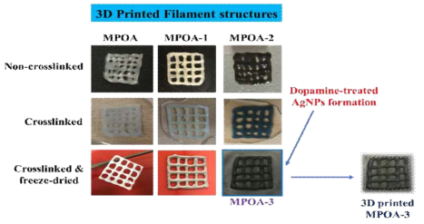 3D printed hydrogel filament structures: Non-crosslinked, crosslinked, and crosslinked/freeze-dried hydrogels samples (MPOA, MPOA-1, MPOA-2, and MPOA-3)