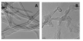 TEM image of (A) unmodified-MWCNTs and (B) carboxylated-MWCNTs