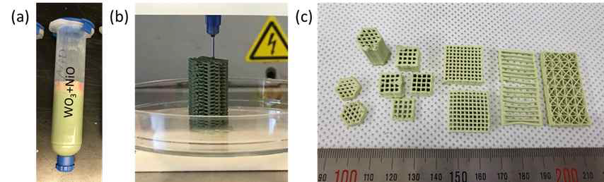 (a) 최적화된 WO3+NiO 잉크, (b) 실린더 타입의 그린바디 출력, (c) 다양한 형태의 WO3+NiO 출력물
