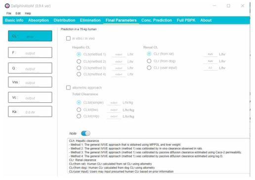 약동학 예측 공개 소프트웨어 DallphinAtoM의 인터페이스
