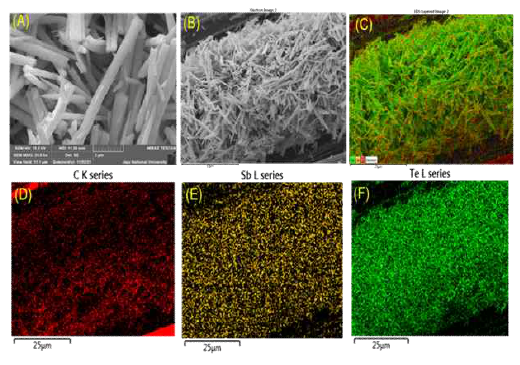 (A-B) FE-SEM microgrpahs of ECD Antimony telluride on CF, (C) Overlay of SbTe, (D-F) EDX mapping of C, Sb, Te