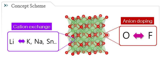 Cation exchange와 anion doping을 도입한 Li-O/M-O계 양극 활물질의 개념도