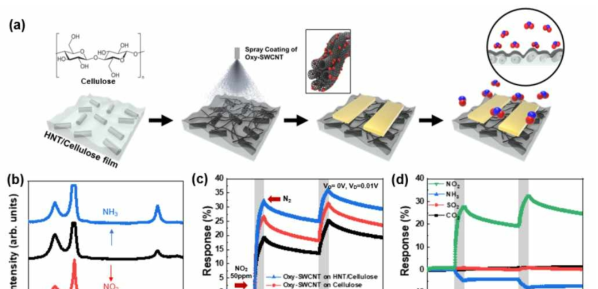 (a) Halloysite Nanotube (HNT)/셀룰로오즈 위에 산화된 단일벽 카본나노튜브 벌들 (Oxy-SWCNT)을 스프레이코팅하여 가스센서를 만드는 모식도, (b) NH3, NO2를 주입함에 따른 Oxy-SWCNT에 Raman Spectrum의 변화, (c) 세가지 기판위에서의 Oxy-SWCNT가스센서의 NO2에 대한 반응성, (d) 셀룰로오즈 위에서 Oxy-SWCNT가스센서의 선택성