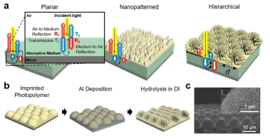 계층적 설계법이 적용된 나노 돌기 표면의 마이크론 패턴 구조. 본 연구의 계층적 설계 패턴은 외부(공기)에서 입사된 태양광의 투과율은 최대로 하면서 태양전지의 후면 거울에서 반사된 태양광의 투과율은 최소로 하는 기능을 수행함. [출처: 대표연구실적 #3 참고]