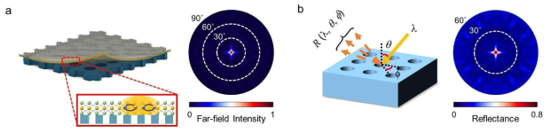 (a) 2차원 광결정 박막 구조가 결합된 양자광원의 발광분포 (b) 해당 구조의 입사각도별 반사율 분포 [출처: 연구책임자 그룹 발표 논문, Opt. Lett. 43, 5114 (2018)]