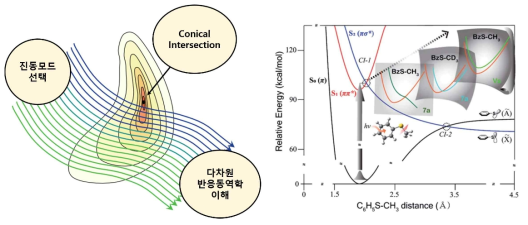 진동모드 선택적 반응동역학. (왼쪽) 진동모드 선택은 분자의 구조를 변형시킴으로써 반응 특이점 주변의 반응경로가 달라지게 하며 서로 다른 반응 결과물을 생성한다 (그림: J. Chem. Phys. 137, 22A301, 2012). (오른쪽) 진동모드 선택을 통한 반응경로 컨트롤을 통해 얻어낸 결과물을 종합하여 3N-6개의 다차원 포텐셜 에너지 면 위에 존재하는 반응 특이점의 에너지적 및 구조적 특성을 이끌어낼 수 있다