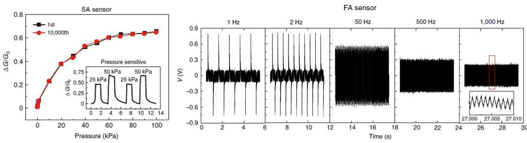 압저항성 소자의 압력에 따른 신호 세기 (좌) 압전소자의 진동에 따른 신호 패턴 (우)