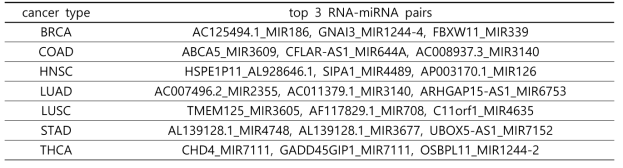 암 종별 조기 진단에 기여하는 상위 3개의 RNA-miRNA 유전자쌍