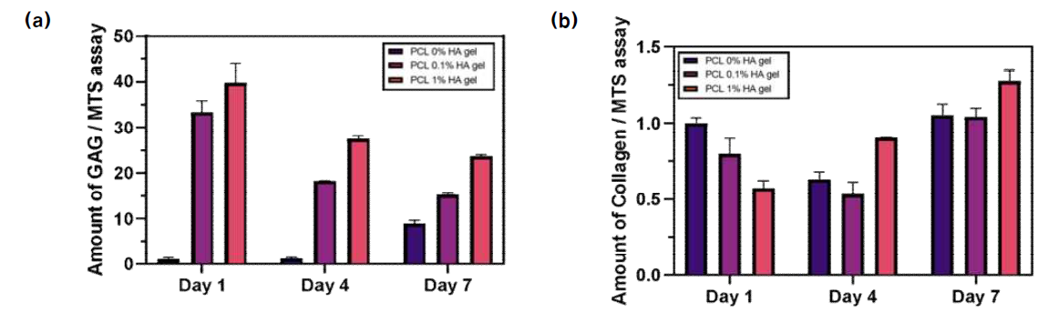 PCL 전기방사 섬유 조각 함량에 따른 fibroblast의 (a) GAGs 및 (b) 콜라겐 분비량