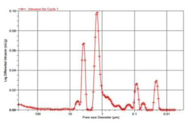 수은 기공률 측정 방식으로 측정한 미세 기공 분포