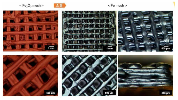 잉크 기반 적층 제조법을 이용하여 제작한 철산화물 그린바디와 철 mesh