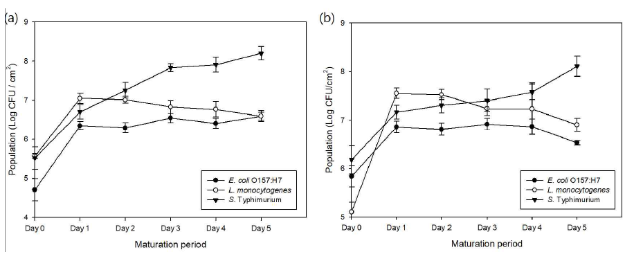 The population curve of E. coli O157:H7 (●), L. monocytogenes (○), S. Typhimurium (▼) biofilm cells on SS coupon for 5 days at 25℃