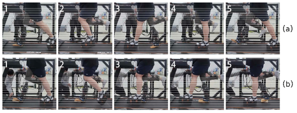 Snapshots of walking experiments (a) on level ground ,(b) the presence of obstacles