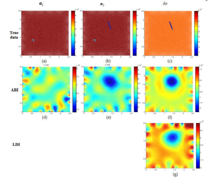 Numerical simulation of graphene conductivity for case 1 with 0.5% noise. (a-c) top row is true distribution while the second row (d-f), third row (g) are estimated conductivities of initial, final distribution, and conductivity change using ABI and LDI