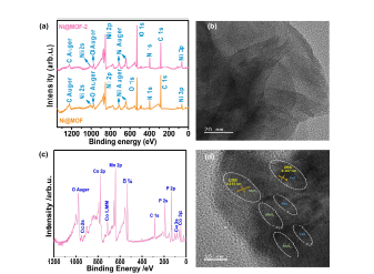 (a) H+ 포함 전후의 Ni-MOF의 XPS 스펙트럼, (b) H+가 도입된 Ni-MOF의 TEM 이미지, (c) 코발트 망간 MOF 기반 인화물의 XPS 스펙트럼 및 (d) Fe-MOF 기반 Fe-의 TEM 이미지 MoS2.