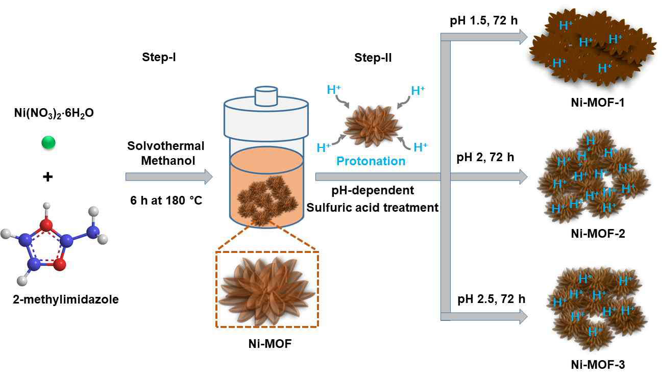 Ni-MOF 합성 경로 및 산 처리 과정.