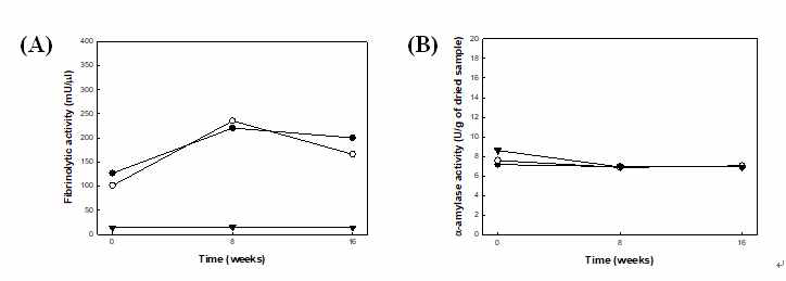 Fibrinolytic activities (A) and α-amylase activities (B) of doenjang samples. ●, TBZA doenjang; ○, BZA doenjang; ▼, KACC doenjang