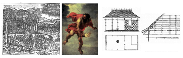 좌에서 우로: 1) Vitruvius, Ten Books on Architecture, “The Origin of Dwelling Architecture” ; 2) Prometheus and Fire. Jan Cossiers, Prometheus Carrying Fire, 1630 ; 3) Semper와 Fire (Hearth), Semper, Caribbean Hut, in Der Stijl, 2nd ed, 1879, vol.2, p. 263