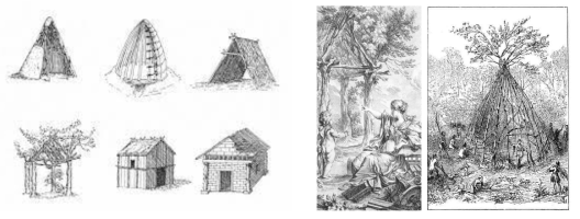 좌에서 우로: 1) 여러 원시 오두막 이미지들 (Cabanes Primitives) ; 2) Marc-Antoine Laugier, Cabane primtive, in Essai sur l'architecture, 1755 ; Viollet-le-Duc, Cabane primitive, in Histoire de l’habitation humaine, 1875