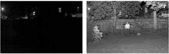 (좌) 실외 컬러 카메라 야간 촬영 영상 (우) 실외 근적외선 카메라 야간 촬영 영상