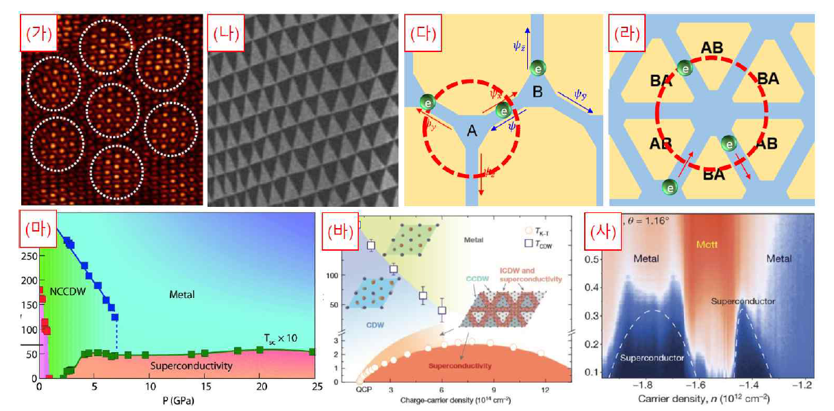 (가)TaS2 [Nat. Comm. 10, 1 (2019)]와 (나)매직-앵글 그래핀의 네트워크 구조. (다), (라) 각각 육각형과 삼각형 네트워크의 개념도. 붉은색 원 내부 영역이 나노선 접합 구조에 해당함. (마)TaS2의 상도표 (바)TiSe2의 상도표 (사) 매직-앵글 그래핀의 상도표