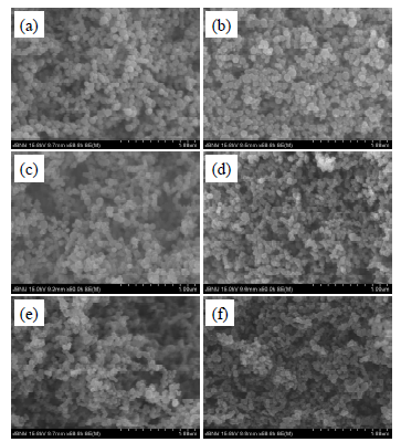 SEM 분석 결과(5만 배). (a)에서 (f)의 사진은 각각 표 2의 Sample #1에서 #6에 해당
