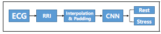 신호 처리 및 분류 전체 과정. 심전도 신호에서 RRI 신호 추출 후 4Hz interpolation 진행. 합성곱 신경망 모 델에 적용해 rest, stress 2개의 class로 신호 분류