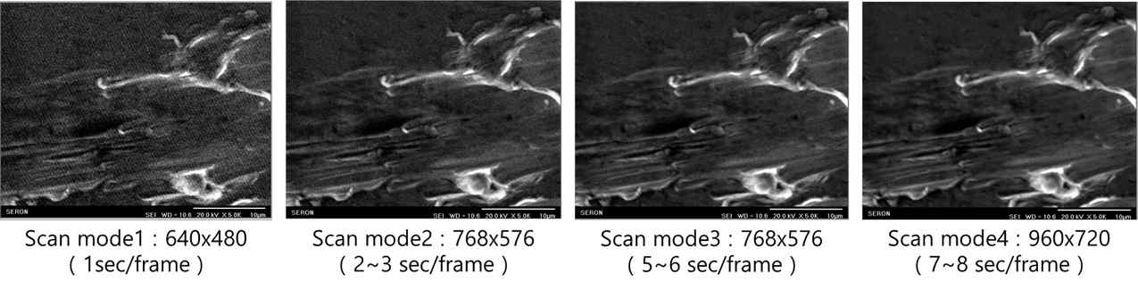 SEM으로부터 해상도와 노이즈 제거 단계에 따라 얻은 재료 표면 영상