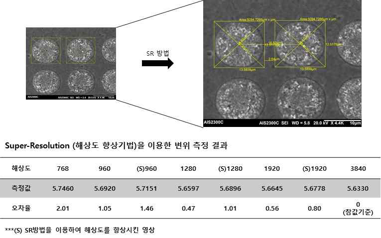 SEM으로부터 얻은 고해상도 영상과 Super-Resolution 방법을 적용한 고해상도 영상에 대한 변위 측정 방법 및 결과