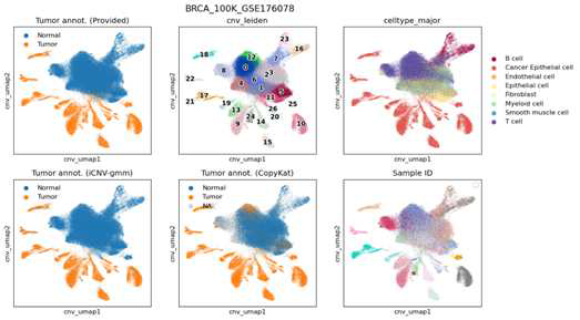 유방암의 단일 세포 RNA-seq 데이터에서 CNV 파로 파일 기반으로 암세포를 식별하는 툴(iCNV + gmm)을 개발하여 그 결과를 CopyKat 결과와 비교한 그림.