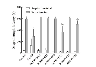 DPBEE 및 PBEE를 투여한 스코폴라민(SCOP) 유도 SD rat의 수동 회피 시험에서 장기 학습능력 및 기억력 에 미치는 영향