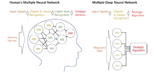 (좌) 여러 신경망으로 구성되어 전략적 사고를 수행하는 인간의 뇌와 (우) m-DNN을 갖춘 판정 알고리즘의 비교