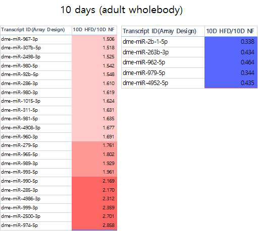 고지방식을 10일 동안 먹인 초파리에서 변화하는 microRNA 명단