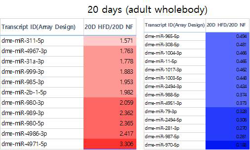 고지방식을 20일 동안 먹인 초파리에서 변화하는 microRNA 명단