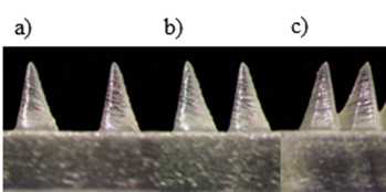 마이크로니들 간 간격에 대한 연구 a) 1.0 mm, b) 0.5 mm, c) 0.25 mm