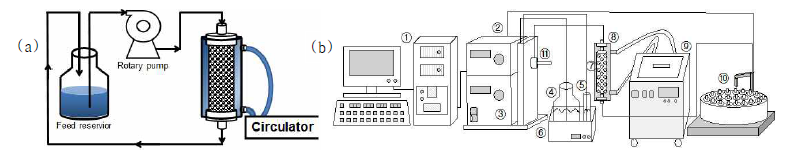 기초 실험 장치의 모식도. (a) 흡착제상에서의 프리바이오틱스 분자 안정성 조사를 위한 실험 장치. (b) GOS 구성성분의 기초파라미터 측정을 위한 long-pulse 주입 실험 장치.