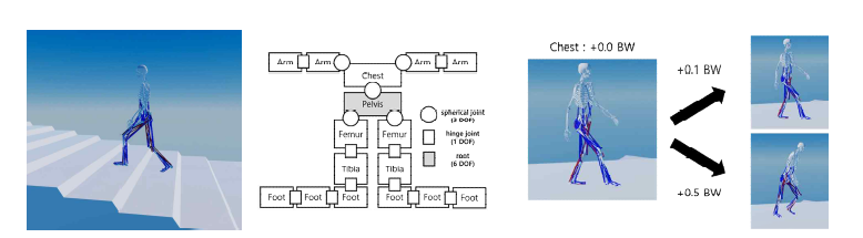 계단을 오르는 보행에 대한 근골격 모델 제어(오른쪽), 인체 모델의 분절에 대한 명칭 및 모식도 (가운데), 등에 하중이 추가되었을 때 관측되는 보행 변화 (오른쪽)