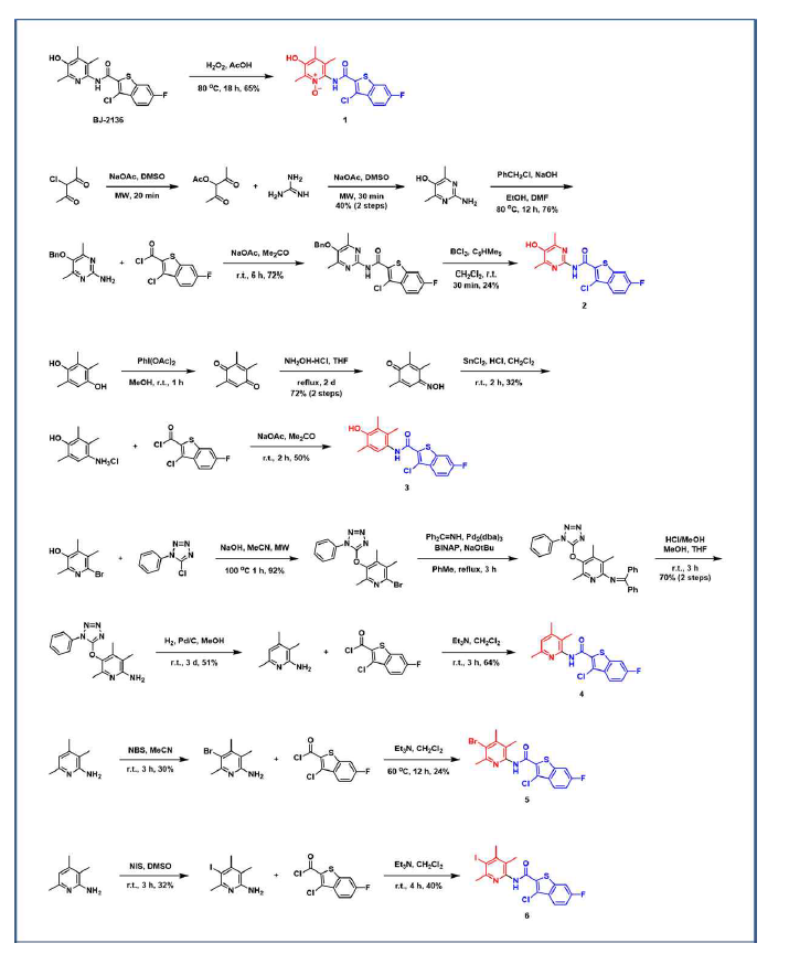 BJ-2136 화합물의 트리메틸피리딘올 고리의 한 부분 변화 유도체 1~6의 합성법 개발.