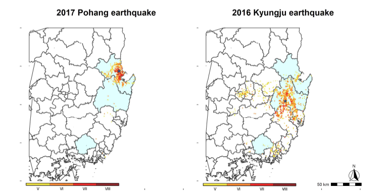 포항시 및 경주시 지진피해 분포