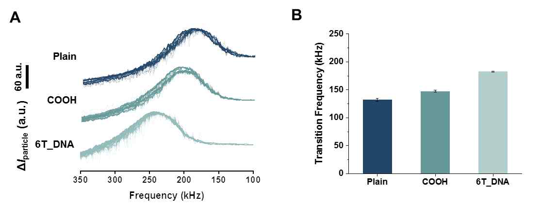 (A) 각 프로브 입자 (Plain, COOH, 6T_DNA)에 대한 측정 주파수 영역에서 침강 정도를 분석한 ΔIparticle 결과. (B) 주파수 스펙트럼에서 관측된 ΔIparticle 결과로 부터 도출된 프로브 입자 종류에 따른 transition frequency 분석 결과