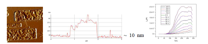 10 nm 뚜께를 가진 WS2 소자의 AFM 사진과 단면 프로파일, 온도에 따른 채널 전 류