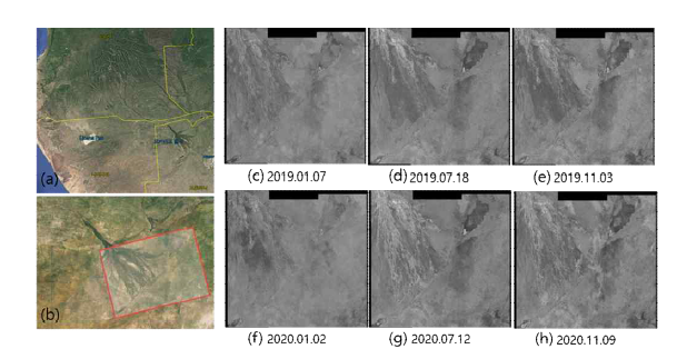 (a) 남아프리카 오카방고 삼각주 습지대 위치 (출처: Google Earth). (b) 오카방고 삼각주 습지대의 전체적인 모습과 Sentinel-1 Swath (붉은 상자 영역). (c-h) 오카방고 습지대의 시계열 강도 영상으로 2019년부터 2020년까지의 물 분 포 변화 탐지 결과